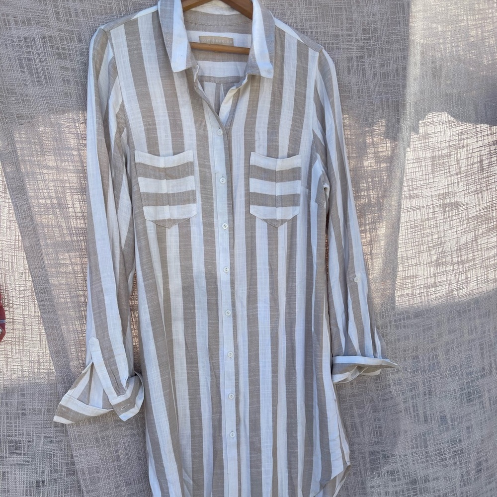Tan and white cabana stripe shirt dress